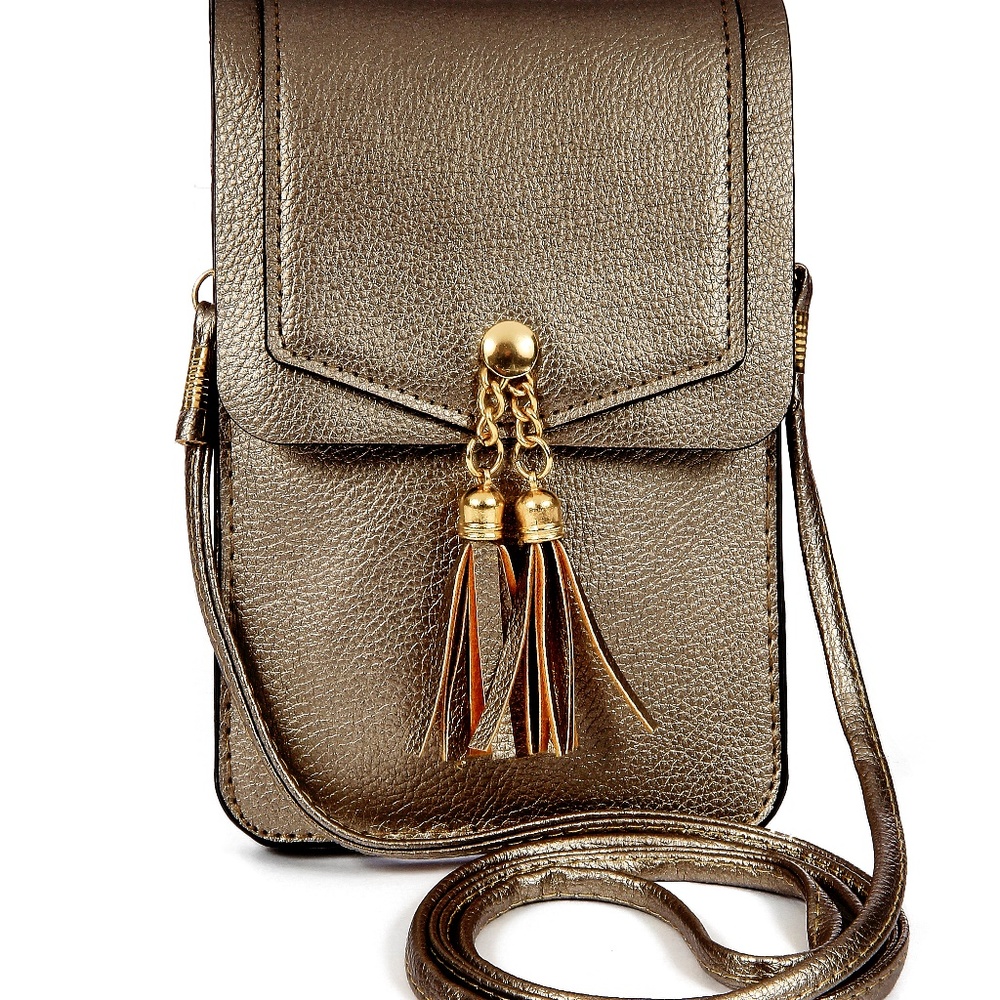 Metallic Tassel Crossbody Cell Phone Purse- Black
